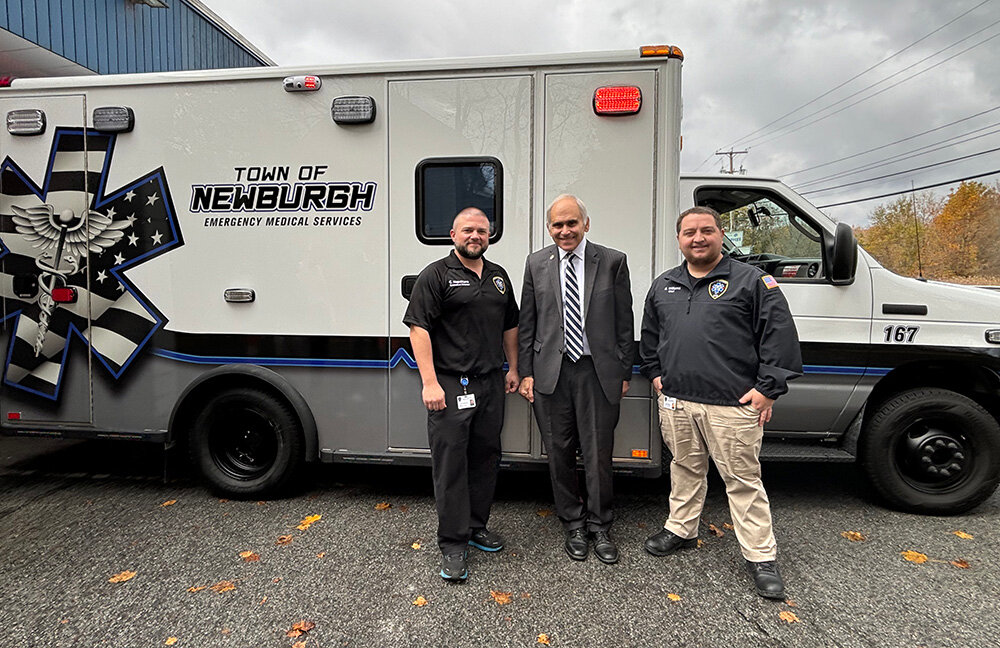 Assemblyman Jonathan Jacobson with Executive Director Chris Napolitano and Chief Bryan Williams of the Town of Newburgh EMS.